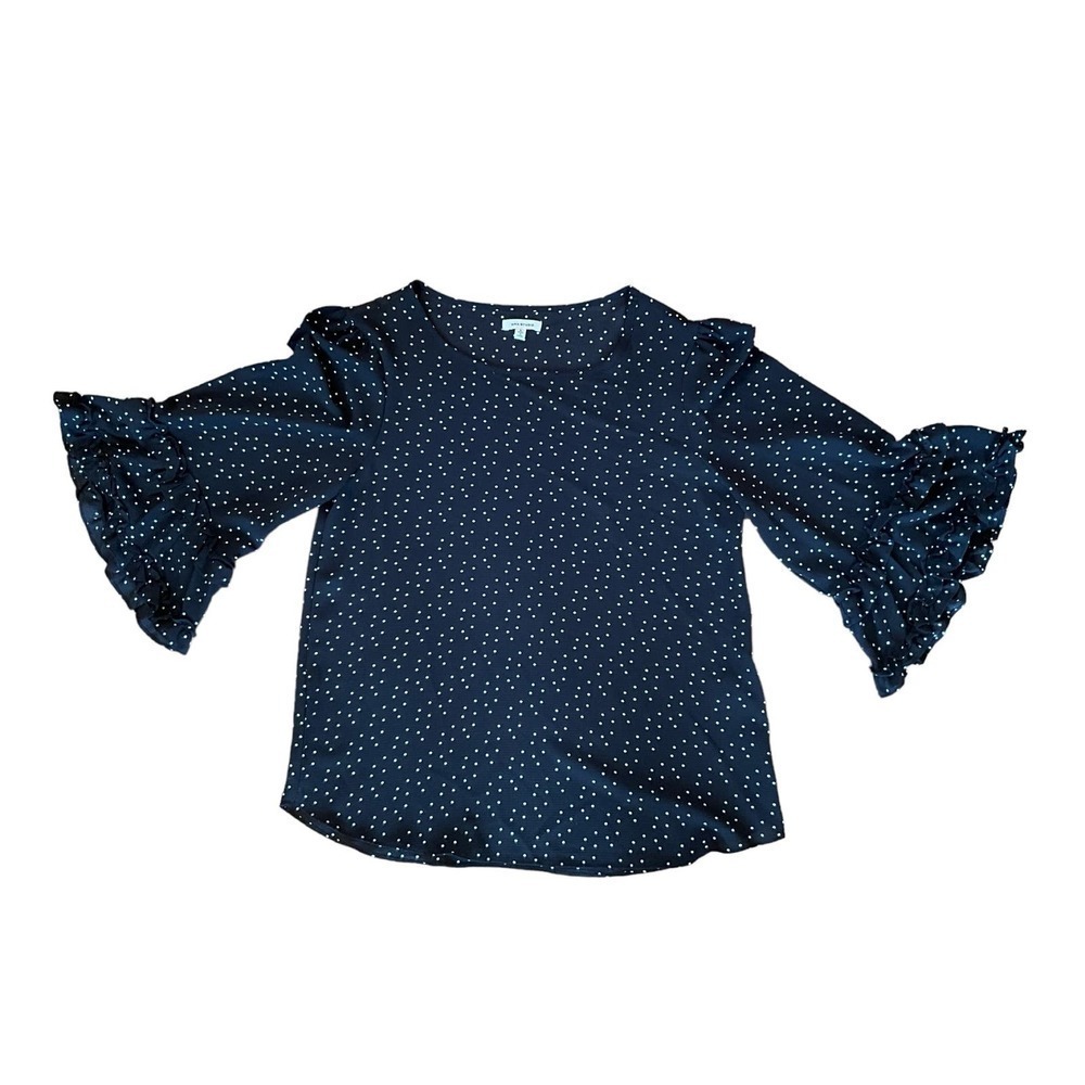 Max Studio Blouse Top Women's‎ Size L Blue Polka Dot Ruffle Long Sleeve Pullover